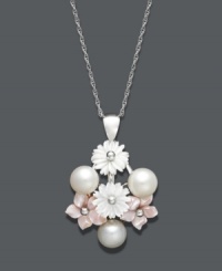 Beautiful blooms will provide a touch of spring year round. This pretty pendant features pink and white cultured freshwater mother of pearl (10-12 mm) and cultured freshwater pearls (7-1/2-8 mm) in a bouquet arrangement. Chain and setting crafted in sterling silver. Approximate length: 18 inches. Approximate drop: 1-1/4 inches. Beautiful blooms will provide a touch of spring year round. This pretty pendant features pink and white cultured freshwater mother of pearl (10-12 mm) and cultured freshwater pearls (7-1/2-8 mm) in a bouquet arrangement. Chain and setting crafted in sterling silver. Approximate length: 18 inches. Approximate drop: 1-1/4 inches.