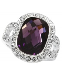 Vintage appeal. The stunning shape and sparkle of City by City's unique cocktail ring make it an elegant piece for your collection. Crafted in silver tone mixed metal with a rectangular-shaped purple cubic zirconia (14-1/2 ct. t.w.) surrounded by sparkling clear crystals. Size 7. Vintage appeal. The stunning shape and sparkle of City by City's unique cocktail ring make it an elegant piece for your collection. Crafted in silver tone mixed metal with a rectangular-shaped purple cubic zirconia (14-1/2 ct. t.w.) surrounded by sparkling clear crystals. Size 7.