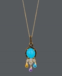 Ornamental and ornate. Carlo Viani's beautifully-crafted oval-shaped pendant shines with a vibrant turquoise center (3-3/4 mm) surrounded by faceted amethyst (5/8 ct. t.w.), blue topaz (7/8 ct. t.w.), citrine (5/8 ct. t.w.) and multicolored sapphires (1/2 ct. t.w.). Crafted in 14k gold. Approximate length: 18 inches. Approximate drop: 1-3/4 inches. Ornamental and ornate. Carlo Viani's beautifully-crafted oval-shaped pendant shines with a vibrant turquoise center (3-3/4 mm) surrounded by faceted amethyst (5/8 ct. t.w.), blue topaz (7/8 ct. t.w.), citrine (5/8 ct. t.w.) and multicolored sapphires (1/2 ct. t.w.). Crafted in 14k gold. Approximate length: 18 inches. Approximate drop: 1-3/4 inches.