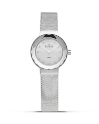 Silver mesh bracelet watch from Skagen with a round dial and crystal markers. This understated metallic timepiece boasts a slim profile and advanced Japanese quartz movement for a sleek combination of form and function. Silver mesh bracelet watch from Skagen with a round dial and crystal markers. This understated metallic timepiece boasts a slim profile and advanced Japanese quartz movement for a sleek combination of form and function.