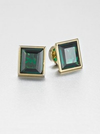 From the Cocktail Collection. Emerald in cut and emerald in color, these graceful squares of beveled glass have a simple golden setting.GlassGoldtoneAbout .5 squarePost backImported From the Cocktail Collection. Emerald in cut and emerald in color, these graceful squares of beveled glass have a simple golden setting.GlassGoldtoneAbout .5 squarePost backImported