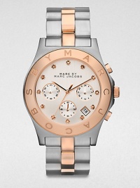 A technical, two-tone stainless steel timepiece with brilliant rhinestone markers. Quartz movementWater resistant to 5 ATMRound stainless steel case, 40mm (1.6)Logo engraved rose goldtone ion-plated bezelSilvertone chronograph dialRhinestone hour markersDate display between 4 and 5 o'clockSecond hand Two-tone stainless steel link braceletImported A technical, two-tone stainless steel timepiece with brilliant rhinestone markers. Quartz movementWater resistant to 5 ATMRound stainless steel case, 40mm (1.6)Logo engraved rose goldtone ion-plated bezelSilvertone chronograph dialRhinestone hour markersDate display between 4 and 5 o'clockSecond hand Two-tone stainless steel link braceletImported