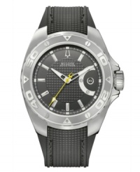 Reinvent your style with this innovative Curacao collection watch by Bulova Accutron. Black textured rubber strap and round stainless steel case with rotating bezel and anti-reflective sapphire crystal. Black grid-patterned dial features silver tone stick indices, minute track, date window at three o'clock, luminous hour and minute hands, yellow second hand and logo. Swiss mechanical Sellita movement. Water resistant to 300 meters. Five-year limited warranty. Reinvent your style with this innovative Curacao collection watch by Bulova Accutron. Black textured rubber strap and round stainless steel case with rotating bezel and anti-reflective sapphire crystal. Black grid-patterned dial features silver tone stick indices, minute track, date window at three o'clock, luminous hour and minute hands, yellow second hand and logo. Swiss mechanical Sellita movement. Water resistant to 300 meters. Five-year limited warranty.