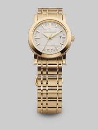An iconic check patterns brushed yellow gold IP over stainless steel in a charming style worn elegant time and time again. Analog movement Water resistant up to 5 ATM Round case, 28mm, 1.10 IP yellow gold over stainless steel White dial with haymarket check engraved pattern Day/date display Second hand Markers Bracelet width, 28mm, 1.10 Made in Switzerland An iconic check patterns brushed yellow gold IP over stainless steel in a charming style worn elegant time and time again. Analog movement Water resistant up to 5 ATM Round case, 28mm, 1.10 IP yellow gold over stainless steel White dial with haymarket check engraved pattern Day/date display Second hand Markers Bracelet width, 28mm, 1.10 Made in Switzerland