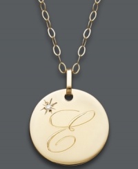 The perfect personalized present! Elaine or Elizabeth will be thrilled to open this thoughtful initial letter pendant. Crafted in 14k gold with a sparkling diamond accent. Approximate length: 16 inches + 2-inch extender. Approximate drop: 3/4 inch. The perfect personalized present! Elaine or Elizabeth will be thrilled to open this thoughtful initial letter pendant. Crafted in 14k gold with a sparkling diamond accent. Approximate length: 16 inches + 2-inch extender. Approximate drop: 3/4 inch.