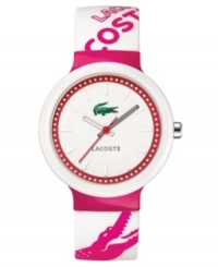 Get into the pink with this men's and women's watch from Lacoste. White and pink logo design silicone strap. White plastic round case and round white dial with logo and stick indices. Quartz movement. Water resistant to 30 meters. Two-year limited warranty. Get into the pink with this men's and women's watch from Lacoste. White and pink logo design silicone strap. White plastic round case and round white dial with logo and stick indices. Quartz movement. Water resistant to 30 meters. Two-year limited warranty.