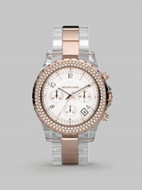 Rose gold plated stainless steel and Swarovski crystal in a sporty chronograph design.Analog movement Water resistant to 10 ATM Swarovski crystal bezel Round stainless steel case, 42mm, (1.65) White chronograph dial Date display between 4 and 5 o'clock Crystal, numeral and index hour markers Second hand Acetate and stainless steel link bracelet Imported Rose gold plated stainless steel and Swarovski crystal in a sporty chronograph design.Analog movement Water resistant to 10 ATM Swarovski crystal bezel Round stainless steel case, 42mm, (1.65) White chronograph dial Date display between 4 and 5 o'clock Crystal, numeral and index hour markers Second hand Acetate and stainless steel link bracelet Imported