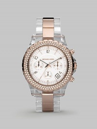 Rose gold plated stainless steel and Swarovski crystal in a sporty chronograph design.Analog movement Water resistant to 10 ATM Swarovski crystal bezel Round stainless steel case, 42mm, (1.65) White chronograph dial Date display between 4 and 5 o'clock Crystal, numeral and index hour markers Second hand Acetate and stainless steel link bracelet Imported 