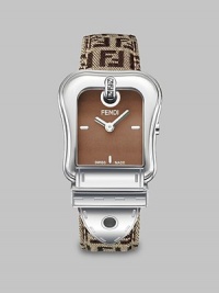 From the B. Fendi Collection. This beautiful timepiece features a brown dial and an iconic woven signature, leather backed strap. Swiss quartz movementWater resistant to 3 ATMRectangular stainless steel case, 36mm (1.4) X 30mm (1.1)Smooth bezelBrown dialBar hour markersBrown woven signature, leather backed strap, 20mm wide (0.7)Made in Switzerland From the B. Fendi Collection. This beautiful timepiece features a brown dial and an iconic woven signature, leather backed strap. Swiss quartz movementWater resistant to 3 ATMRectangular stainless steel case, 36mm (1.4) X 30mm (1.1)Smooth bezelBrown dialBar hour markersBrown woven signature, leather backed strap, 20mm wide (0.7)Made in Switzerland