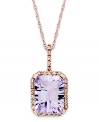 Richly colored with faceted details, this fun pendant showcases an emerald-cut pink amethyst (2-1/2 ct. t.w.) edged by sparkling diamonds (1/10 ct. t.w.). Set in 10k rose gold. Approximate length: 18 inches. Approximate drop: 3/4 inch. Richly colored with faceted details, this fun pendant showcases an emerald-cut pink amethyst (2-1/2 ct. t.w.) edged by sparkling diamonds (1/10 ct. t.w.). Set in 10k rose gold. Approximate length: 18 inches. Approximate drop: 3/4 inch.