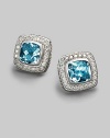 From the Petite Albion Collection. A shimmering center of faceted blue topaz, surrounded by pavé diamonds set in sterling silver. Diamonds, 0.40 tcw Blue topaz Sterling silver About ½ square Post back Made in USA