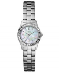 Sweet sparkle adorns this classic, ladylike watch from GUESS. Sweet sparkle adorns this classic, ladylike watch from GUESS.