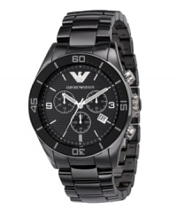 Time marches on. Emporio Armani updates this classic design with lightweight ceramic. Watch crafted of black ceramic bracelet and round case. Black bezel with silver tone numerals. Black horizontally-striped chronograph dial features silver tone stick indices, numerals at three and nine o'clock, date window at four o'clock, three subdials, three hands and logo. Quartz movement. Water resistant to 50 meters. Two-year limited warranty. Time marches on. Emporio Armani updates this classic design with lightweight ceramic. Watch crafted of black ceramic bracelet and round case. Black bezel with silver tone numerals. Black horizontally-striped chronograph dial features silver tone stick indices, numerals at three and nine o'clock, date window at four o'clock, three subdials, three hands and logo. Quartz movement. Water resistant to 50 meters. Two-year limited warranty.