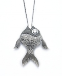 Make a splash with this scaly style! Bar III's large fish pendant makes a bold, summery statement all year round. Pendant features an intricate textured design crafted from burnished silver tone mixed metal. Approximate length: 28 inches + 3-inch extender. Approximate drop: 3 inches.
