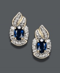 Add special flair to your look in stunning sapphires (1-3/8 ct. t.w.). These oval-shaped beauties shine in an exquisite 14k gold setting decorated with round and baguette-cut diamonds (1/4 ct. t.w.). Approximate diameter: 1/2 inch. Add special flair to your look in stunning sapphires (1-3/8 ct. t.w.). These oval-shaped beauties shine in an exquisite 14k gold setting decorated with round and baguette-cut diamonds (1/4 ct. t.w.). Approximate diameter: 1/2 inch.