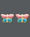 A precious design for your sweet little girl. These butterfly stud earrings feature a 14k gold post setting with colorful pink and blue enamel. Approximate diameter: 1/4 inch.
