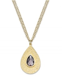 A drop of luminous sun from Lauren Ralph Lauren. This pendant necklace displays a faceted resin bead in amethyst hues, set on a teardrop silhouette. Crafted in 14k worn gold-plated mixed metal. Approximate length: 18 inches + 2-inch extender. Approximate drop: 1-1/2 inches. A drop of luminous sun from Lauren Ralph Lauren. This pendant necklace displays a faceted resin bead in amethyst hues, set on a teardrop silhouette. Crafted in 14k worn gold-plated mixed metal. Approximate length: 18 inches + 2-inch extender. Approximate drop: 1-1/2 inches.
