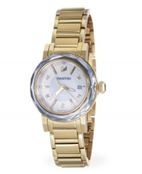 A unique crystal bezel modernizes this classic golden watch by Swarovski. Octea Lady crafted of gold PVD stainless steel bracelet and round case. Faceted silver shade crystal at bezel. Mother-of-pearl dial features stick indices and crystal accents at markers, date window at three o'clock, luminous hands and logo at twelve o'clock. Swiss quartz movement. Water resistant to 30 meters. Two-year limited warranty. A unique crystal bezel modernizes this classic golden watch by Swarovski. Octea Lady crafted of gold PVD stainless steel bracelet and round case. Faceted silver shade crystal at bezel. Mother-of-pearl dial features stick indices and crystal accents at markers, date window at three o'clock, luminous hands and logo at twelve o'clock. Swiss quartz movement. Water resistant to 30 meters. Two-year limited warranty.
