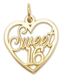 The perfect birthday gift to commemorate a special day. This heart-shaped charm features the words Sweet 16 in cut-out 14k gold. Chain not included. Approximate length: 9/10 . Approximate width: 3/5 inch. The perfect birthday gift to commemorate a special day. This heart-shaped charm features the words Sweet 16 in cut-out 14k gold. Chain not included. Approximate length: 9/10 . Approximate width: 3/5 inch.