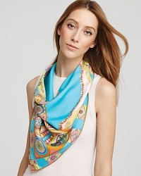Add a little whimsy to your favorite ensemble with a silk twill scarf featuring a large multicolored butterfly, flowers and geometric shapes. Add a little whimsy to your favorite ensemble with a silk twill scarf featuring a large multicolored butterfly, flowers and geometric shapes.