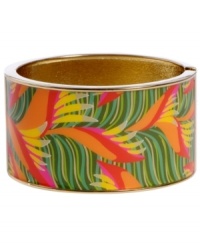 Infuse your look with the bold colors and exotic prints of Brasil. Crafted in gold tone mixed metal Haskell's Leaf bangle features orange, fuchsia, yellow and green leaf details and a hinge clasp. Approximate diameter: 2-1/2 inches. Approximate length: 8 inches. Item comes packaged in an orange gift box. Infuse your look with the bold colors and exotic prints of Brasil. Crafted in gold tone mixed metal Haskell's Leaf bangle features orange, fuchsia, yellow and green leaf details and a hinge clasp. Approximate diameter: 2-1/2 inches. Approximate length: 8 inches. Item comes packaged in an orange gift box.