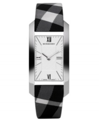 This Burberry watch features a beat check fabric strap and rectangular stainless steel case. Silvertone sunray dial with stick indices, Roman numerals and logo. Swiss made. Quartz movement. Water resistant to 30 meters. Two-year limited warranty.