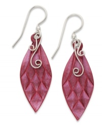 Pink inspiration. Jody Coyote's feathery earrings feature pink patina bronze drops with a sterling silver swirl accent and backing. Approximate drop: 1-3/4 inches. Pink inspiration. Jody Coyote's feathery earrings feature pink patina bronze drops with a sterling silver swirl accent and backing. Approximate drop: 1-3/4 inches.