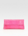 A classic design with an easily organizable interior in luxurious crocodile skin.Magnetic flap closureThree inner compartments; one zippered and two openOne inside open pocketSuede lining11W X 5H X 1½DImported