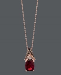 A fiery drop of crimson color to elevate your look. Le Vian pendant features a bold, oval-cut garnet (3-1/6 ct. t.w.) decorated with chocolate diamonds (1/5 ct. t.w.) and white diamonds (1/8 ct. t.w.) at the bail. Necklace and chain crafted in trendy 14k rose gold. Approximate length: 18 inches. Approximate drop: 3/4 inch. A fiery drop of crimson color to elevate your look. Le Vian pendant features a bold, oval-cut garnet (3-1/6 ct. t.w.) decorated with chocolate diamonds (1/5 ct. t.w.) and white diamonds (1/8 ct. t.w.) at the bail. Necklace and chain crafted in trendy 14k rose gold. Approximate length: 18 inches. Approximate drop: 3/4 inch.