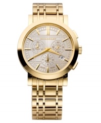 This Burberry timepiece features a brushed gold ion-plated stainless steel bracelet and round case. Champagne chronograph engraved dial with goldtone stick indices, logo, date window and three subdials. Swiss made. Swiss movement. Water resistant to 50 meters. Two-year limited warranty. This Burberry timepiece features a brushed gold ion-plated stainless steel bracelet and round case. Champagne chronograph engraved dial with goldtone stick indices, logo, date window and three subdials. Swiss made. Swiss movement. Water resistant to 50 meters. Two-year limited warranty.
