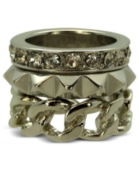 Get an edge. This fierce ring set from GUESS features a chainlink design, pyramid studs and shimmering crystal accents. Mix and match or stack 'em up! Set in silver tone imitation rhodium mixed metal. Size 7. Get an edge. This fierce ring set from GUESS features a chainlink design, pyramid studs and shimmering crystal accents. Mix and match or stack 'em up! Set in silver tone imitation rhodium mixed metal. Size 7.