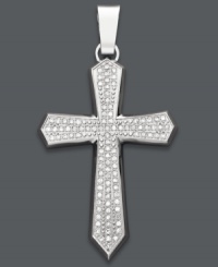 Symbolic style. Express your faith in this unique men's cross pendant. Crafted from stainless steel and encrusted with round-cut diamonds (1 ct. t.w.). Approximate length: 22 inches. Approximate drop: 1-1/2 inches. Symbolic style. Express your faith in this unique men's cross pendant. Crafted from stainless steel and encrusted with round-cut diamonds (1 ct. t.w.). Approximate length: 22 inches. Approximate drop: 1-1/2 inches.