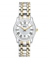 Rich detail for timeless appeal. Filmore watch by ESQ by Movado crafted of two-tone stainless steel bracelet and round case. Silver tone dial features clous de Paris-textured center, black Roman numerals, minute track, date window at six o'clock, two gold tone hands and logo. Swiss quartz movement. Water resistant to 30 meters. Two-year limited warranty.