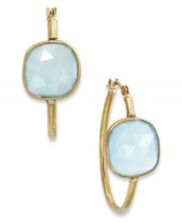A touch of color livens any look. These stunning 10k gold hoop earrings feature square-cut medium blue chalcedony stones (5-1/5 ct. t.w.). Approximate drop: 1 inch. A touch of color livens any look. These stunning 10k gold hoop earrings feature square-cut medium blue chalcedony stones (5-1/5 ct. t.w.). Approximate drop: 1 inch.