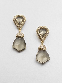 From the Miss Havisham Collection. Shield-shaped drops of faceted smokey quartz exude elegance as they hang from pyrite and white quartz doublets framed in dazzling Swarovski crystals.CrystalWhite quartz, smokey quartz and pyriteGoldtoneLength, about 3.25Post backMade in USA From the Miss Havisham Collection. Shield-shaped drops of faceted smokey quartz exude elegance as they hang from pyrite and white quartz doublets framed in dazzling Swarovski crystals.CrystalWhite quartz, smokey quartz and pyriteGoldtoneLength, about 3.25Post backMade in USA