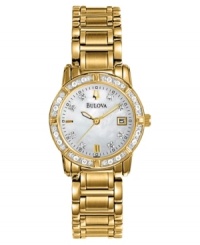 Diamonds add glamorous shine to this golden watch from Bulova. Diamonds add glamorous shine to this golden watch from Bulova.