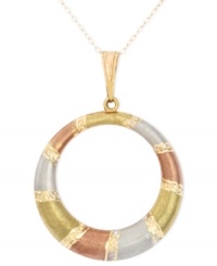 A triple threat. This cut-out circle pendant combines 14k white gold, 14k gold and 14k rose gold with a satin finish for a totally chic and versatile style. Approximate length: 18 inches. Approximate drop length: 1-3/4 inches. Approximate drop width: 1-1/4 inches. A triple threat. This cut-out circle pendant combines 14k white gold, 14k gold and 14k rose gold with a satin finish for a totally chic and versatile style. Approximate length: 18 inches. Approximate drop length: 1-3/4 inches. Approximate drop width: 1-1/4 inches.