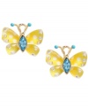 Get girly in Betsey Johnson's glam style. These sweet stud earrings feature delicate butterflies in blue and yellow enamel with sparkling crystal accents. Set in gold-plated mixed metal. Approximate diameter: 5/8 inch.