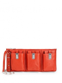 THE LOOKFlat rectangular silhouetteAdjustable spike chain crossbody strapLogo ID tagTop zip closureThree outside push-lock flap pocketsOne inside zip pocketOne inside open pocketInside logo detailTHE MEASUREMENTAdjustable crossbody strap, 24-26 drop14W X 6½H X ½DTHE MATERIALCalfskinSuede liningORIGINImported THE LOOKFlat rectangular silhouetteAdjustable spike chain crossbody strapLogo ID tagTop zip closureThree outside push-lock flap pocketsOne inside zip pocketOne inside open pocketInside logo detailTHE MEASUREMENTAdjustable crossbody strap, 24-26 drop14W X 6½H X ½DTHE MATERIALCalfskinSuede liningORIGINImported