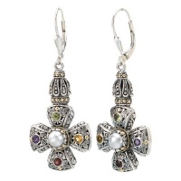 925 Silver, Freshwater Pearl & Multi-Stone Cross Earrings with 18k Gold Accents 925 Silver, Freshwater Pearl & Multi-Stone Cross Earrings with 18k Gold Accents
