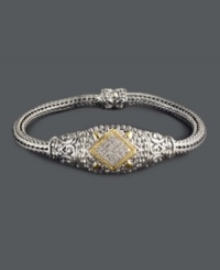 A masterpiece of design -- this ornate bracelet from Balissima by Effy Collection is simply breathtaking. Crafted in scrolling sterling silver and 18k gold, bracelet highlights round-cut diamonds (1/4 ct. t.w.) at center. Approximate length: 7-3/4 inches. Bracelet centerpiece approximate length: 1-3/4. Bracelet centerpiece approximate width: 3/4 inch. A masterpiece of design -- this ornate bracelet from Balissima by Effy Collection is simply breathtaking. Crafted in scrolling sterling silver and 18k gold, bracelet highlights round-cut diamonds (1/4 ct. t.w.) at center. Approximate length: 7-3/4 inches. Bracelet centerpiece approximate length: 1-3/4. Bracelet centerpiece approximate width: 3/4 inch.
