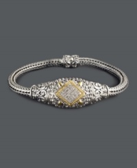 A masterpiece of design -- this ornate bracelet from Balissima by Effy Collection is simply breathtaking. Crafted in scrolling sterling silver and 18k gold, bracelet highlights round-cut diamonds (1/4 ct. t.w.) at center. Approximate length: 7-3/4 inches. Bracelet centerpiece approximate length: 1-3/4. Bracelet centerpiece approximate width: 3/4 inch.