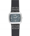 Liven up your look with this studded watch from Nine West. Crafted of black leather strap with stud detail and rectangular silver tone mixed metal case. Gray dial features silver tone numerals at three, six, nine and twelve o'clock, applied stick indices, minute track, luminous hour and minute hands, sweeping second hand and logo at six o'clock. Quartz movement. Limited lifetime warranty.