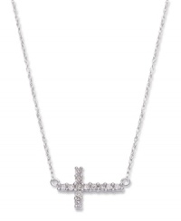 Symbolic sparkle with a taste of modernity. This pretty sideways cross pendant features round-cut diamonds (1/8 ct. t.w.) and a 14k white gold setting and chain. Approximate length: 17 inches. Approximate drop: 1/2 inch.