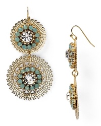 Dazzling RJ Graziano double drop earrings take a walk on the softer side done up in the sweetest sherbert shade, finished with gold plate. Dazzling RJ Graziano double drop earrings take a walk on the softer side done up in the sweetest sherbert shade, finished with gold plate.