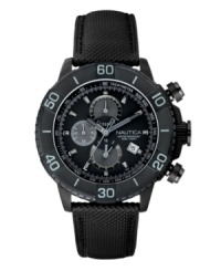 Stand the test of time with the tough style of this watch by Nautica. Black textured polyurethane strap and round black-plated stainless steel case. Bezel with large numerals. Black chronograph dial features stick indices, minute track, tachymeter scale, date window at four o'clock, three subdials, luminous hands and logo. Quartz movement. Water resistant to 100 meters. Five-year limited warranty. Stand the test of time with the tough style of this watch by Nautica. Black textured polyurethane strap and round black-plated stainless steel case. Bezel with large numerals. Black chronograph dial features stick indices, minute track, tachymeter scale, date window at four o'clock, three subdials, luminous hands and logo. Quartz movement. Water resistant to 100 meters. Five-year limited warranty.