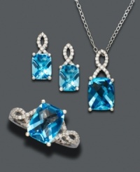 Ready yourself for gushing compliments with this stunning necklace, earrings and ring set. Cushion-cut blue topaz (7-1/2 ct. t.w.) elegantly set among twists of round-cut white topaz accents in sterling silver. Approximate necklace length: 18 inches. Approximate pendant drop: 3/4 inch. Approximate earring drop: 1/6 inch. Ring size: 7. Ready yourself for gushing compliments with this stunning necklace, earrings and ring set. Cushion-cut blue topaz (7-1/2 ct. t.w.) elegantly set among twists of round-cut white topaz accents in sterling silver. Approximate necklace length: 18 inches. Approximate pendant drop: 3/4 inch. Approximate earring drop: 1/6 inch. Ring size: 7.