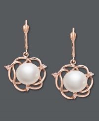 Rose petal perfection. These stunning drop earrings feature a cultured freshwater pearl center (9-11 mm) surrounded by swirls of 14k rose gold and sparkling diamond accents. Approximate drop: 1-1/2 inch. Rose petal perfection. These stunning drop earrings feature a cultured freshwater pearl center (9-11 mm) surrounded by swirls of 14k rose gold and sparkling diamond accents. Approximate drop: 1-1/2 inch.