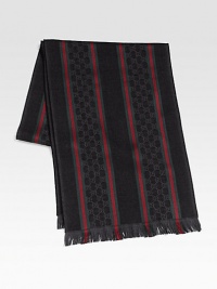 GG-pattern scarf in a luxurious wool/silk blend with signature web detail. 14 X 71 80% wool/20% silk Dry clean Made in Italy GG-pattern scarf in a luxurious wool/silk blend with signature web detail. 14 X 71 80% wool/20% silk Dry clean Made in Italy