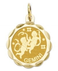 Tell everyone your sign in style! This scalloped and polished disc charm features the Gemini Zodiac in 14k gold. Chain not included. Approximate length: 9/10 inch. Approximate width: 3/5 inch. Tell everyone your sign in style! This scalloped and polished disc charm features the Gemini Zodiac in 14k gold. Chain not included. Approximate length: 9/10 inch. Approximate width: 3/5 inch.